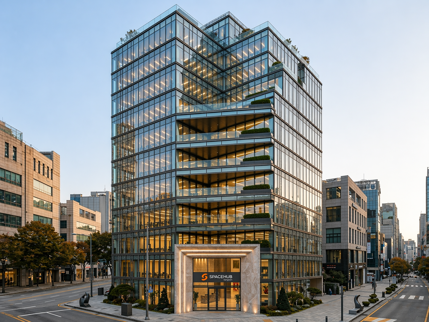 지상 10층 규모의 유리 외관을 가진 스페이스허브 빌딩