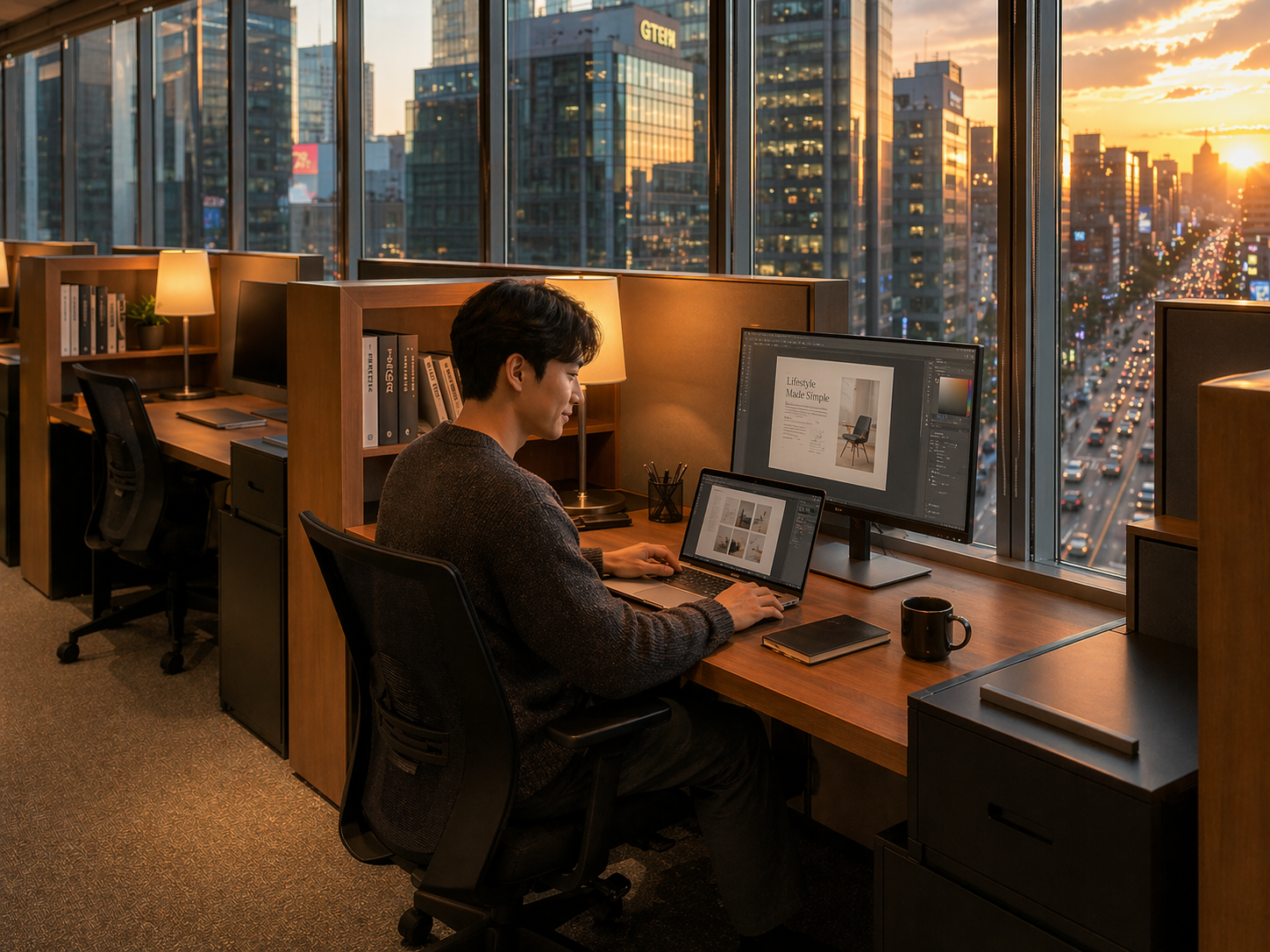 자연광이 드는 책상에서 노트북으로 작업 중인 30대 프리랜서 디자이너