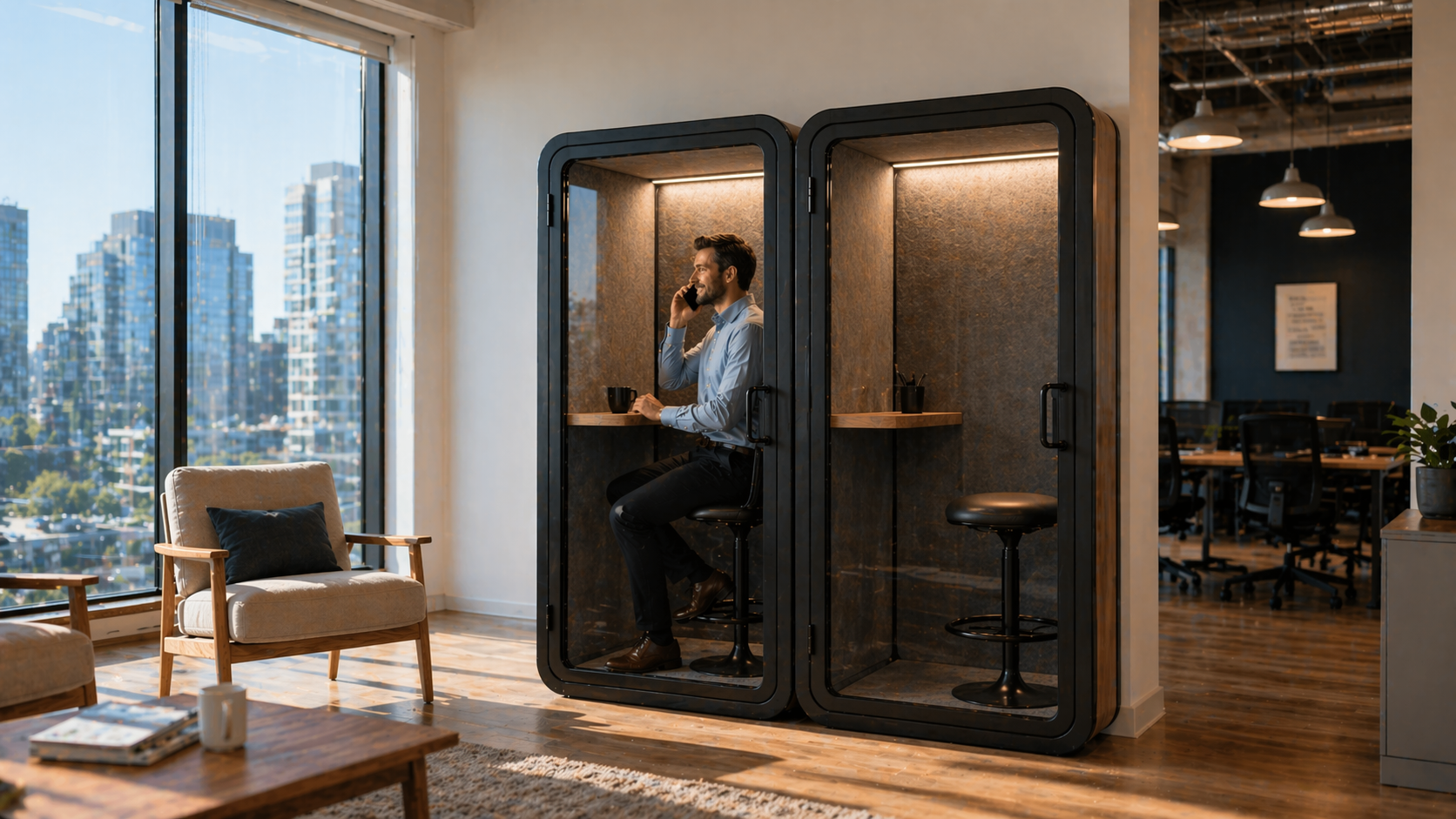 방음 처리된 1인용 폰부스 내부